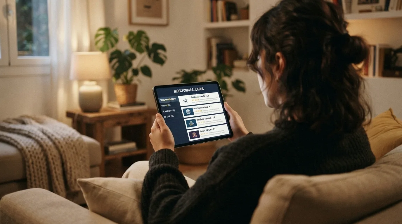 Jugador consultando en una tablet la comparativa de casinos con slots de Hacksaw Gaming en un entorno doméstico