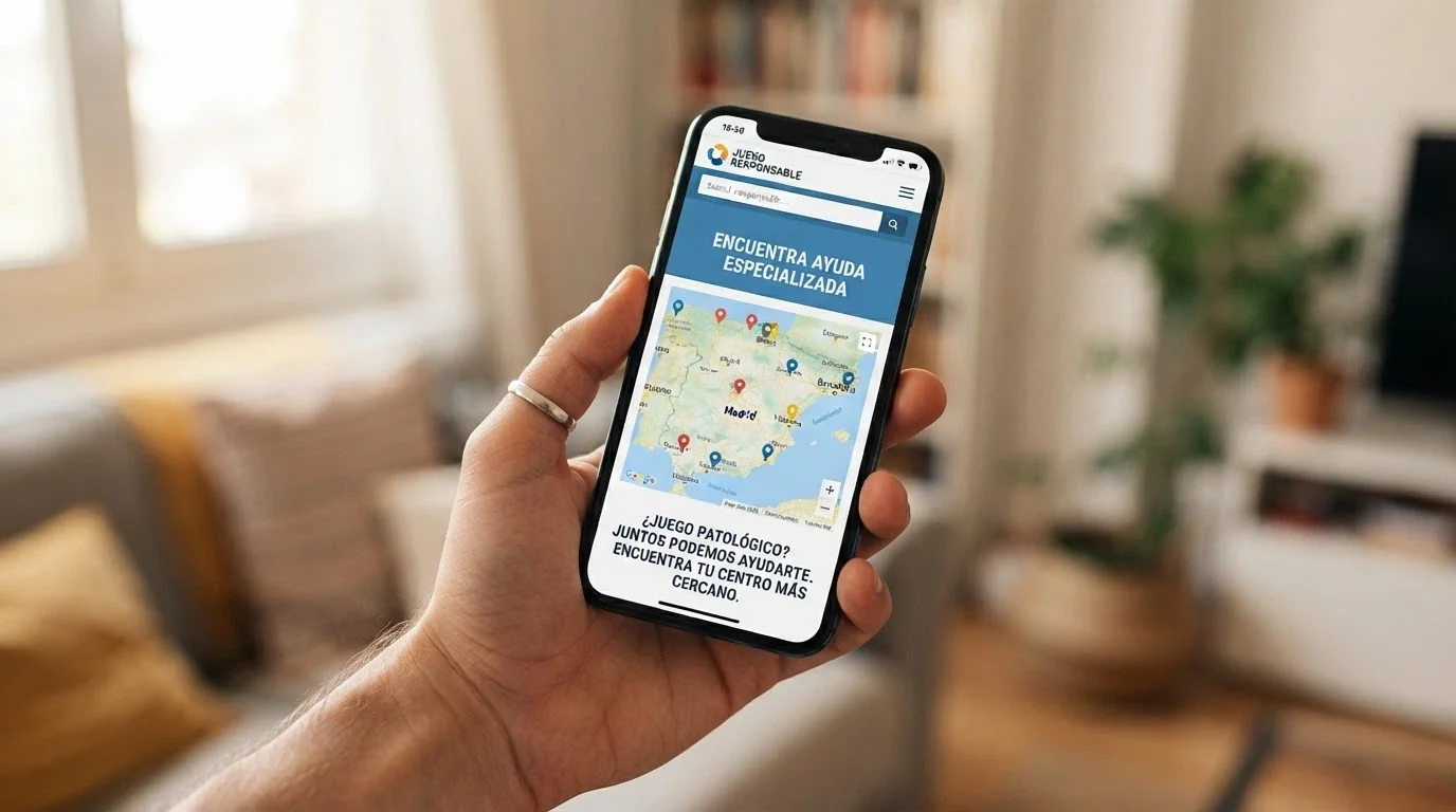 Un teléfono móvil con la web de FEJAR abierta y un mapa de España con puntos de atención señalados