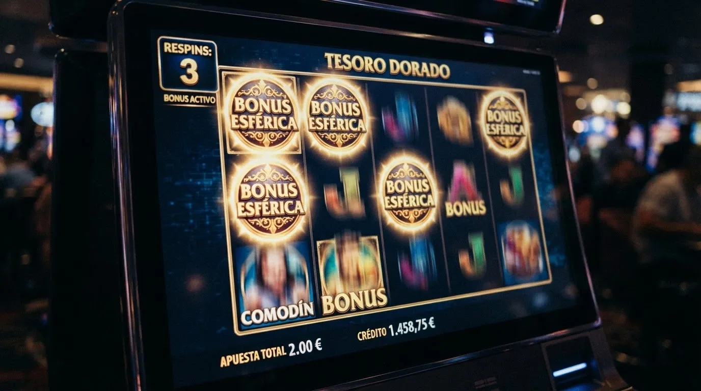 Primer plano de una ronda Hold & Respin activada en una tragaperras Fire Blaze, con símbolos de bonificación bloqueados en los carretes y los demás girando.