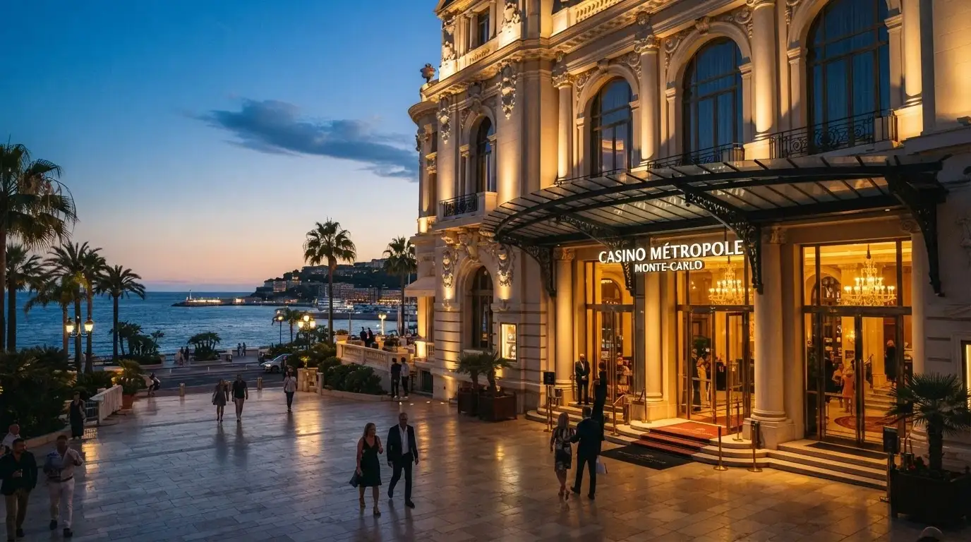 Fachada iluminada del Gran Casino de Barcelona junto al mar en el Port Olímpic con la entrada principal visible