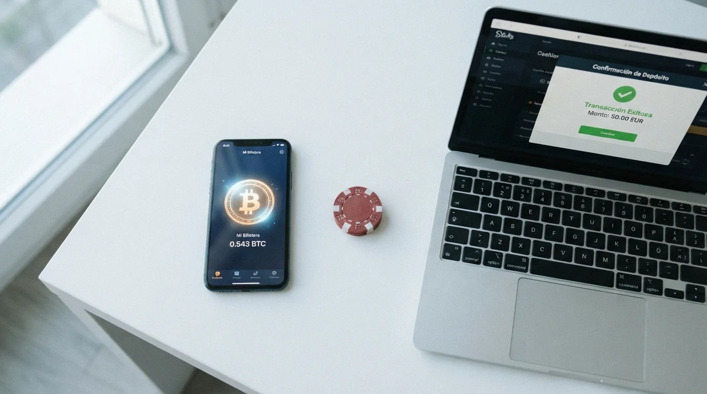 Monedero de criptomonedas junto a la pantalla de un casino online, ilustrando el proceso de transferencia.