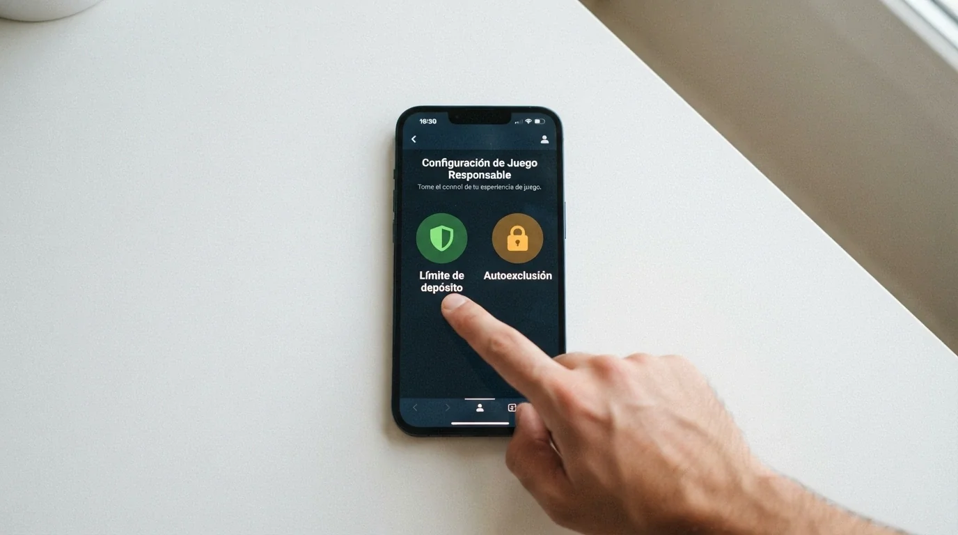 Teléfono móvil mostrando la pantalla de configuración de límites de juego responsable de un casino español, con los botones de autoexclusión y límite de depósito visibles
