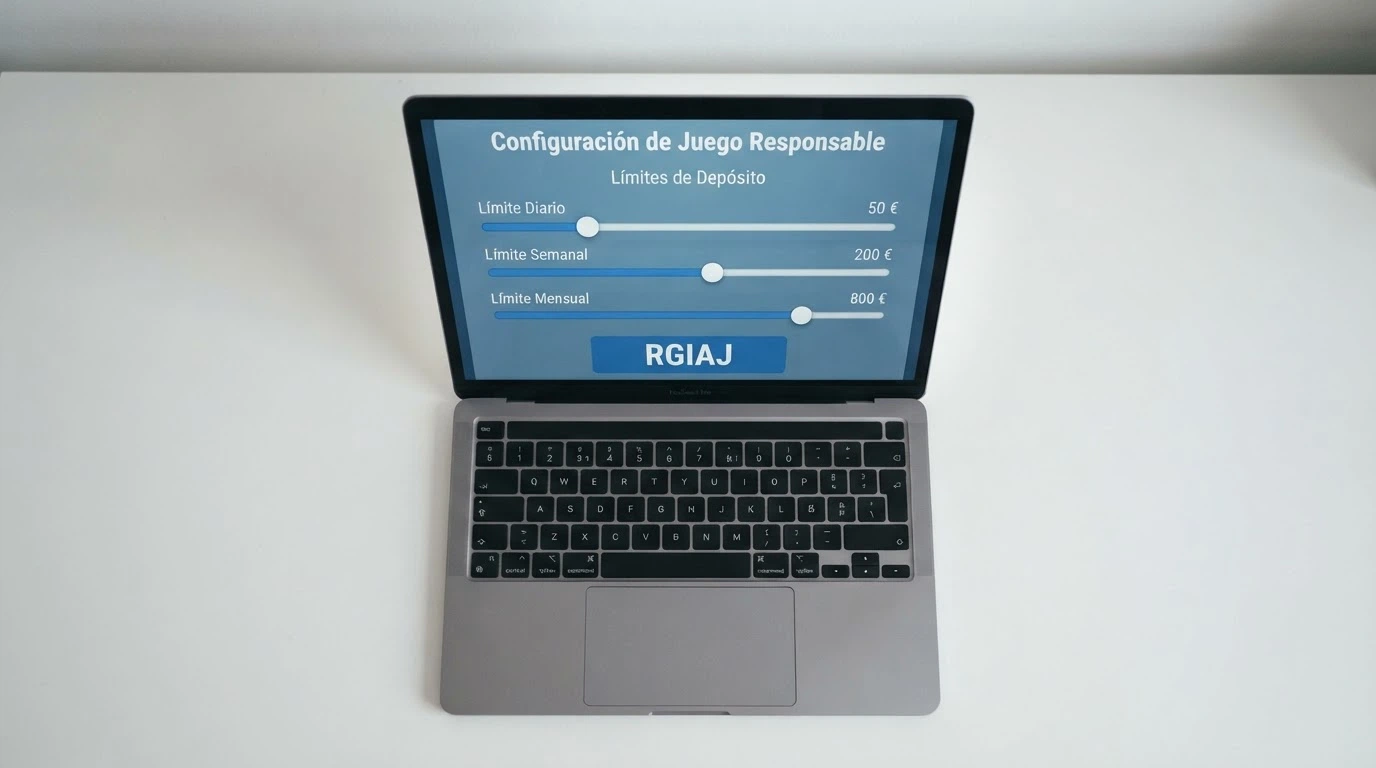 La pantalla de configuración de límites de un casino online con los controles de depósito diario, semanal y mensual, y el botón de autoexclusión RGIAJ visible