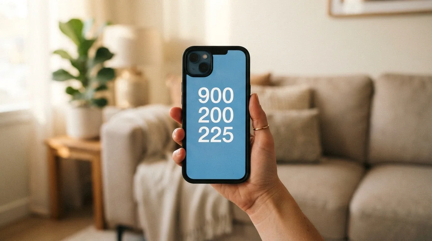 Una mano sosteniendo un teléfono móvil con el número 900 200 225 en pantalla, sobre un fondo desenfocado de una sala de estar tranquila