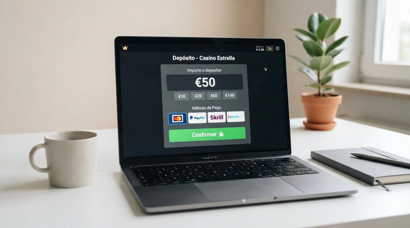 Pantalla de ordenador mostrando el formulario de depósito de un casino online con el campo de importe en euros y el icono de tarjeta bancaria seleccionado