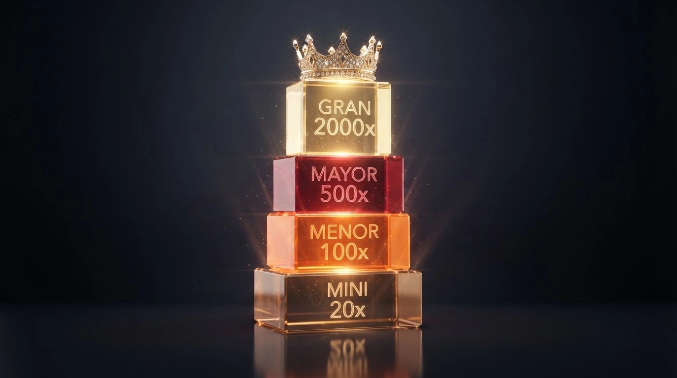 Representación visual de los cuatro niveles de jackpot Fire Blaze — Mini, Minor, Major y Grand — con sus multiplicadores respectivos y un fondo de casino.