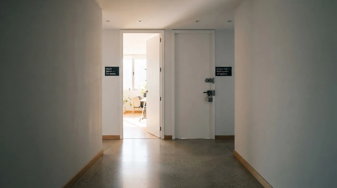 Dos caminos que se bifurcan: a la izquierda, una puerta abierta con el letrero «Modo demo — Sin datos»; a la derecha, una puerta cerrada con candado y el letrero «Dinero real — Verificación obligatoria».
