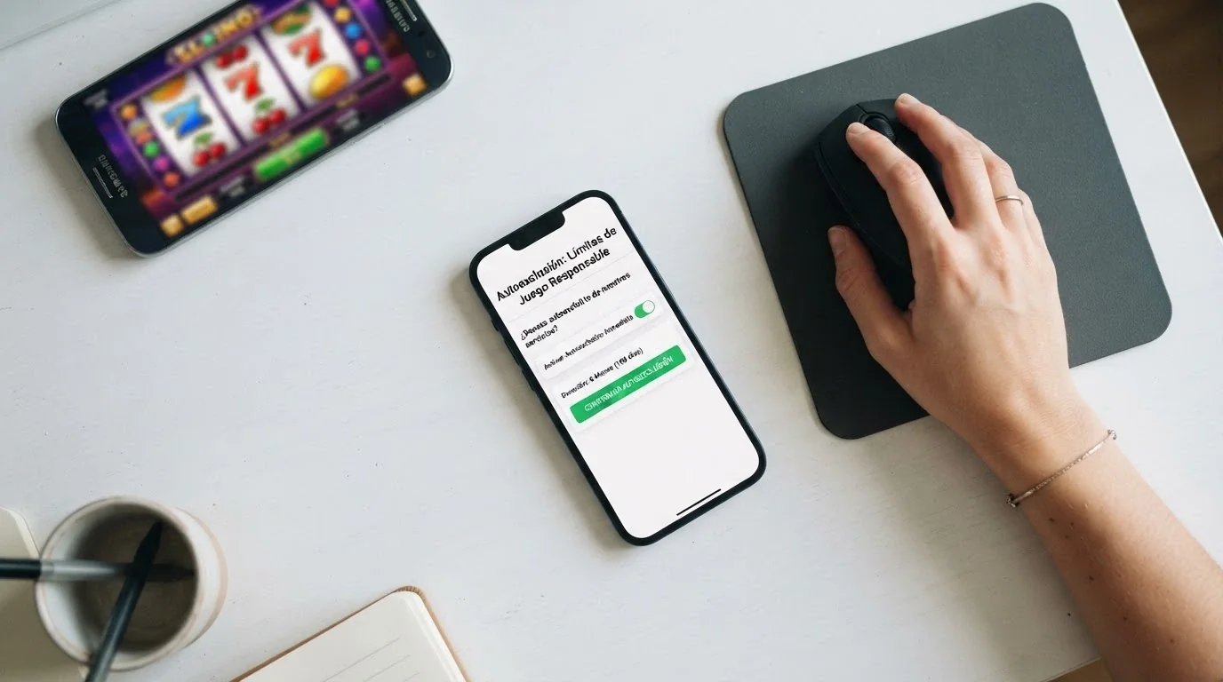 Una mano sobre el ratón junto a un teléfono con la web de la DGOJ abierta en la sección de juego responsable; un segundo teléfono en segundo plano muestra el icono de un casino