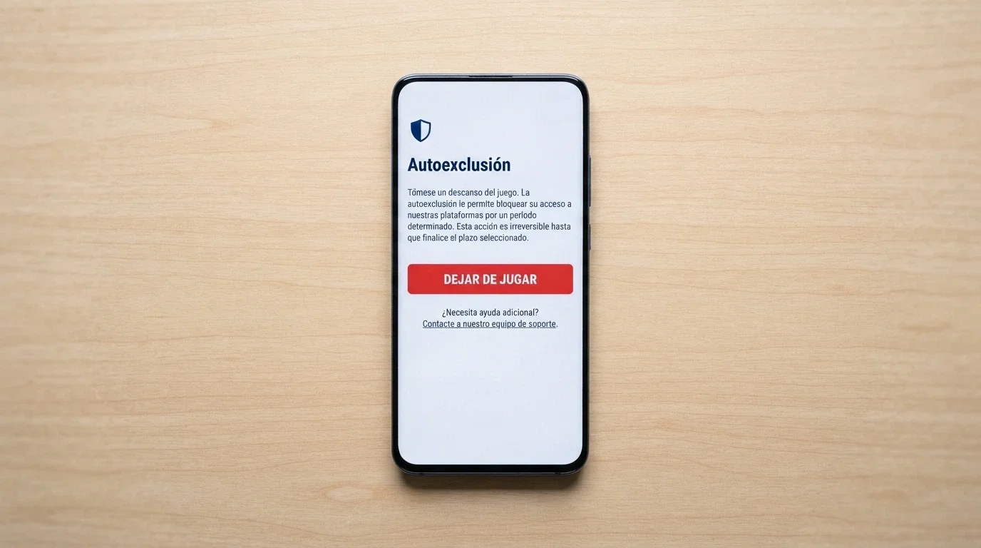 Pantalla de la app Stop Juego de la DGOJ en un teléfono móvil con la opción de autoexclusión visible