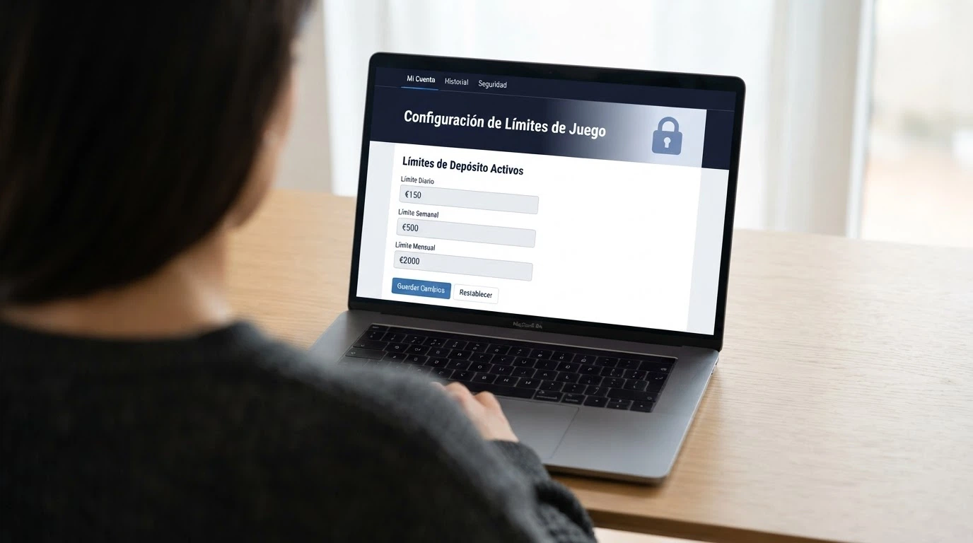 Pantalla de configuración de límites de depósito en un casino online español, con los campos «límite diario», «límite semanal» y «límite mensual» visibles junto a un icono de candado