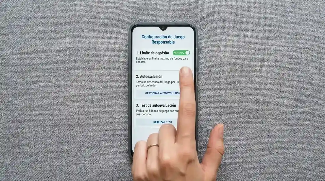 Pantalla de herramientas de juego responsable de un operador DGOJ: límite de depósito, autoexclusión y test de autoevaluación
