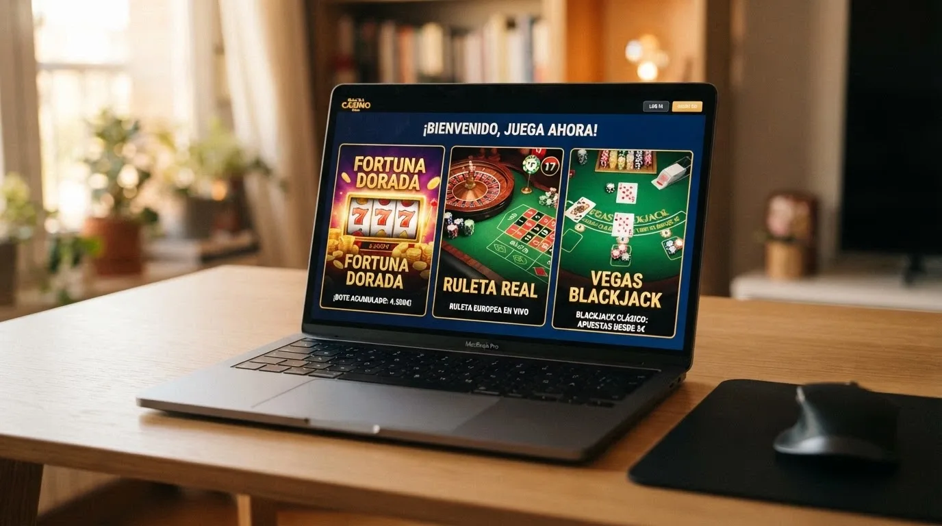 Interfaz de selección de juegos de casino con tragaperras, ruleta y blackjack