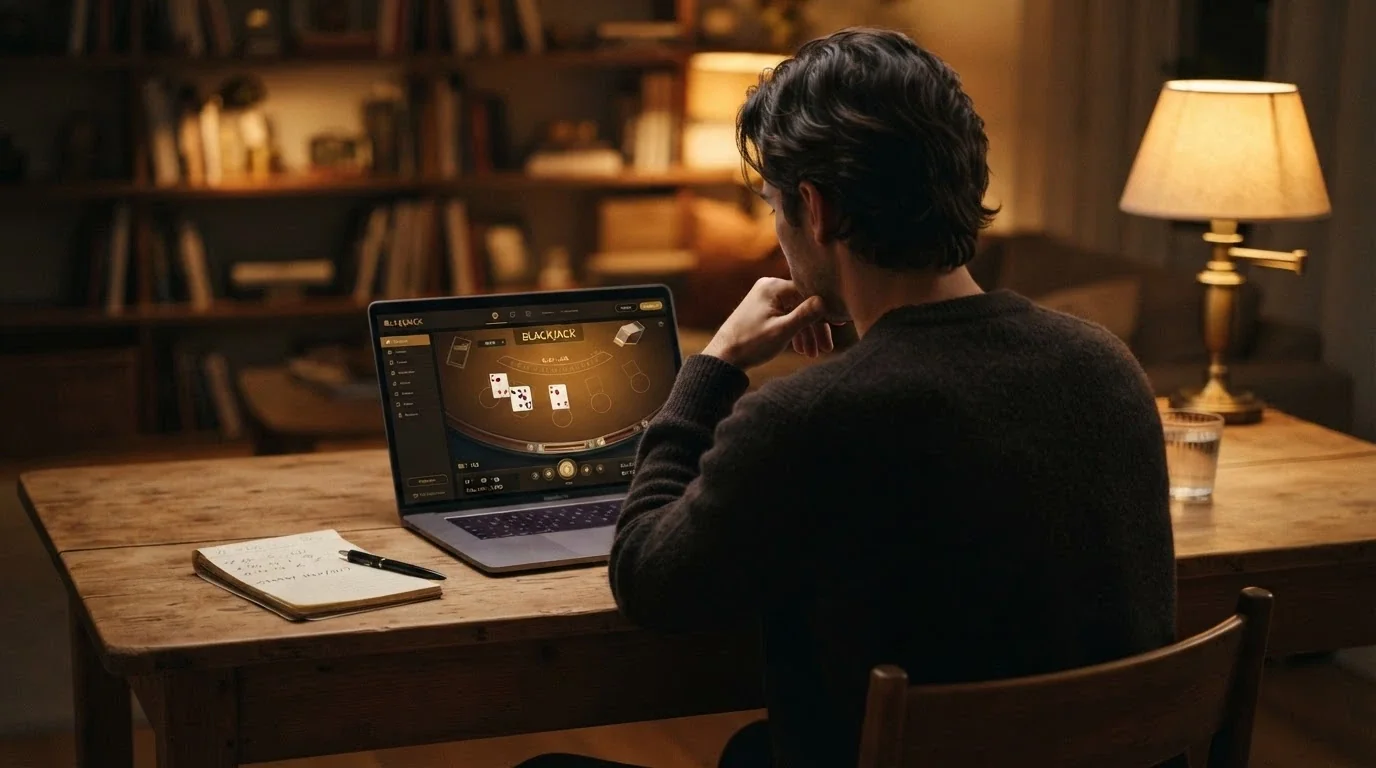 Un jugador ante la pantalla de un ordenador con la web de un casino abierta, en actitud reflexiva