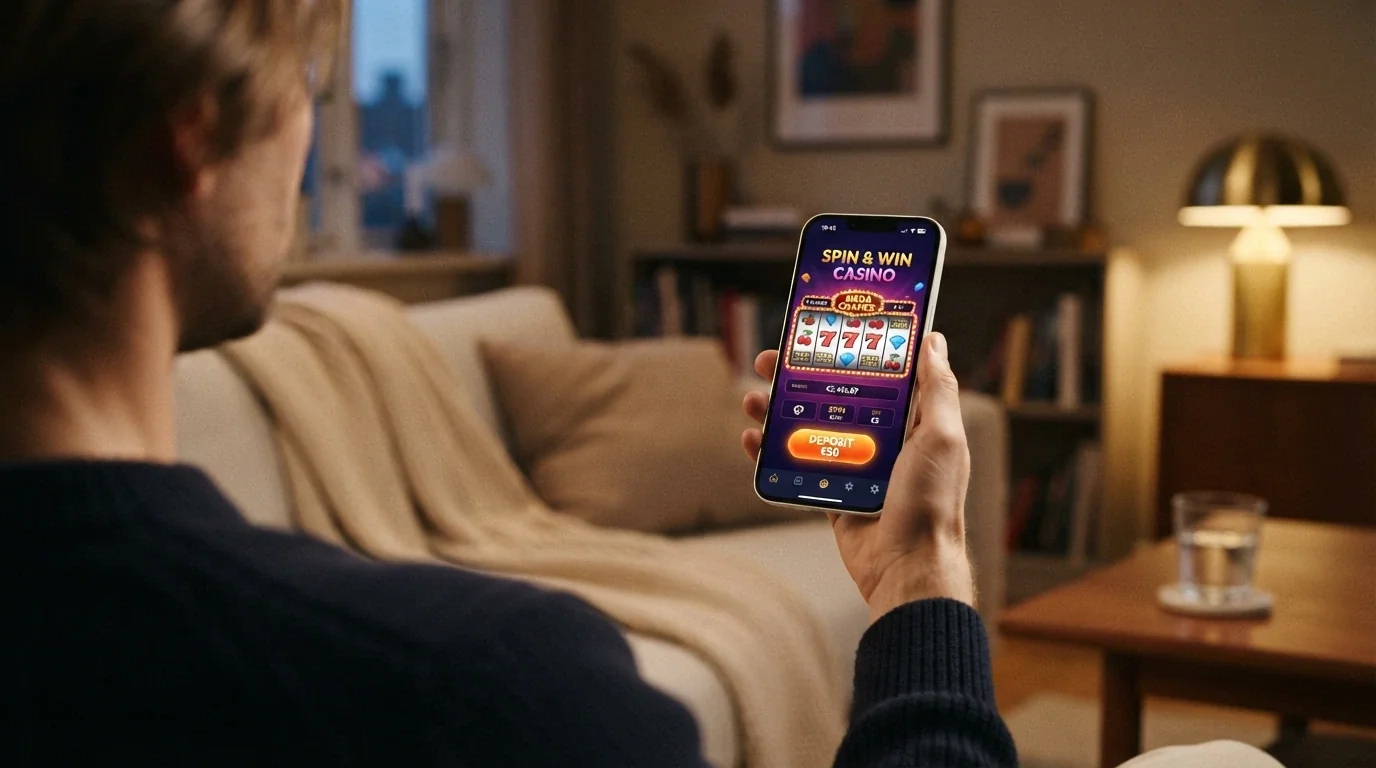 Un iPhone mostrando la app de un casino junto a la misma pantalla en Safari, ambas con el botón de Apple Pay visible