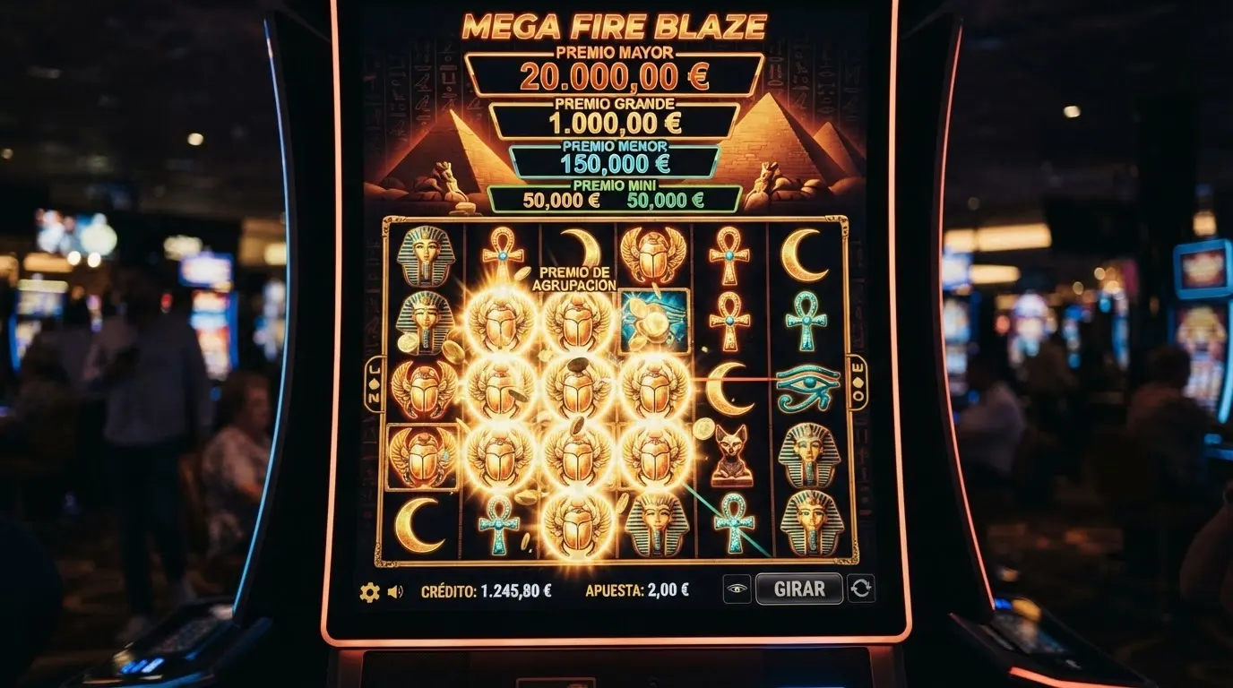 Pantalla de Khonsu God of Moon Mega Fire Blaze con la cuadrícula 6x7 de cluster pays y símbolos del Antiguo Egipto iluminados.