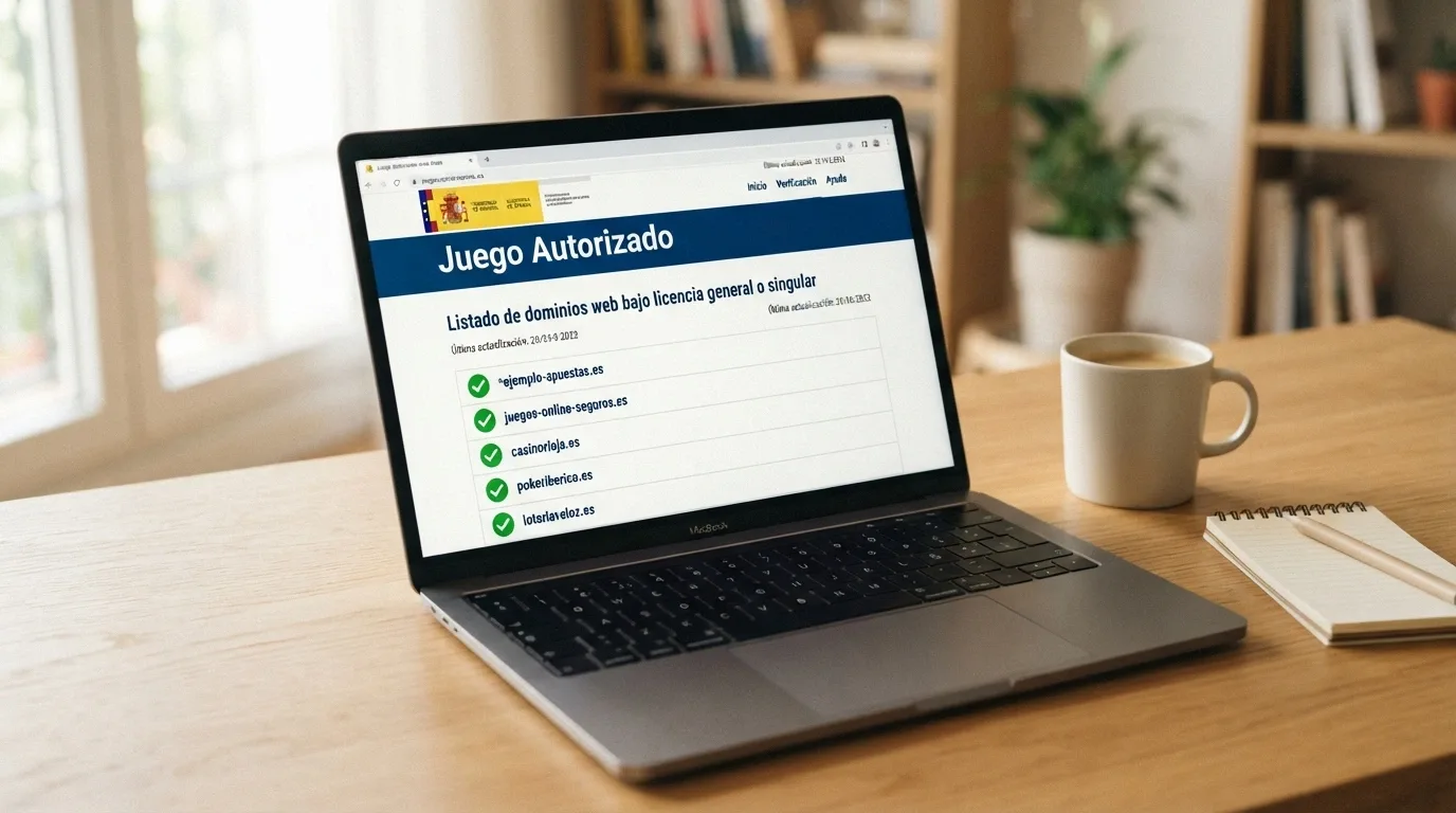 Logotipo de la DGOJ junto al texto «Juego Autorizado» y varios dominios .es de casinos legales en una pantalla de verificación.