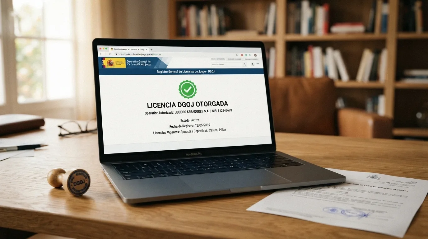 Sello oficial de la DGOJ junto al dominio .es de un casino online español en la pantalla de un ordenador portátil