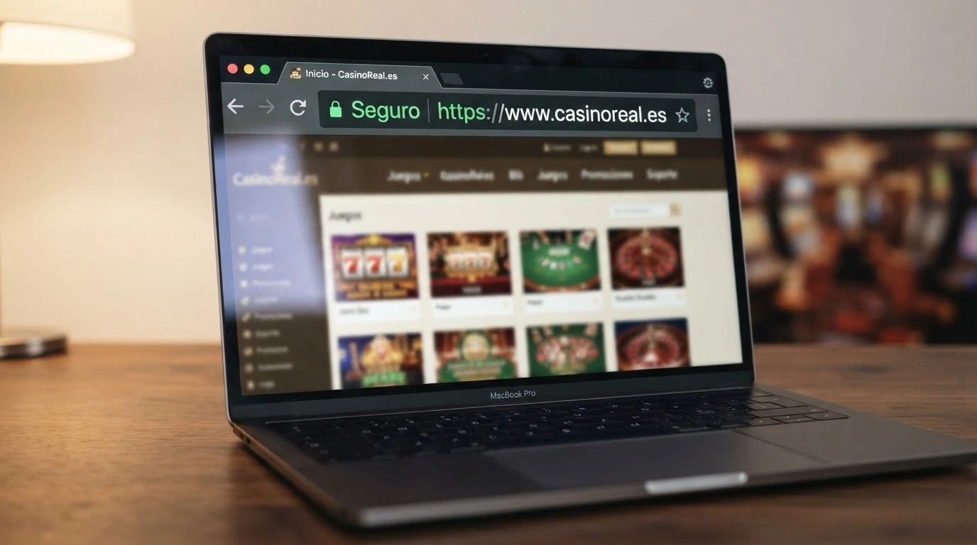 Sello oficial de la DGOJ junto a la barra de direcciones de un navegador mostrando el dominio .es