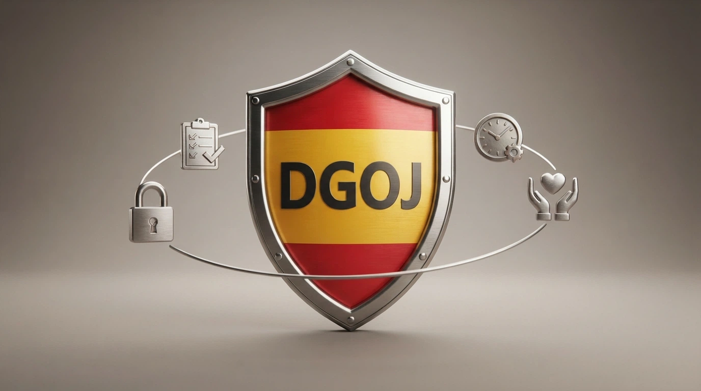 Un escudo con la bandera de España y el texto «DGOJ» en el centro, rodeado de iconos que representan protección: un candado, un escudo de reclamación, un reloj de límite de depósito y unas manos sosteniendo un corazón.