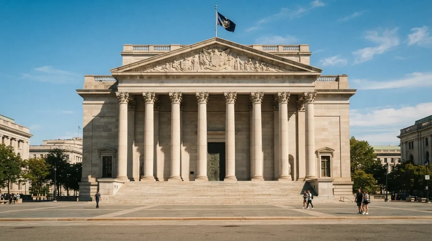 Imagen del edificio de la Dirección General de Ordenación del Juego en Madrid con el escudo oficial y la bandera española junto a la entrada