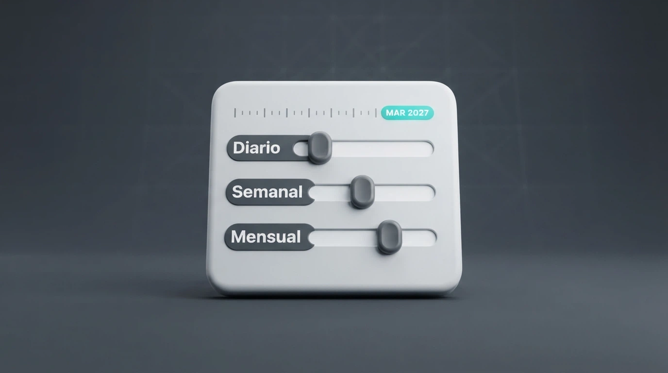 Representación visual de un panel de control con tres deslizadores etiquetados como diario, semanal y mensual, con un calendario que marca marzo de 2027 como fecha de activación de los nuevos límites conjuntos