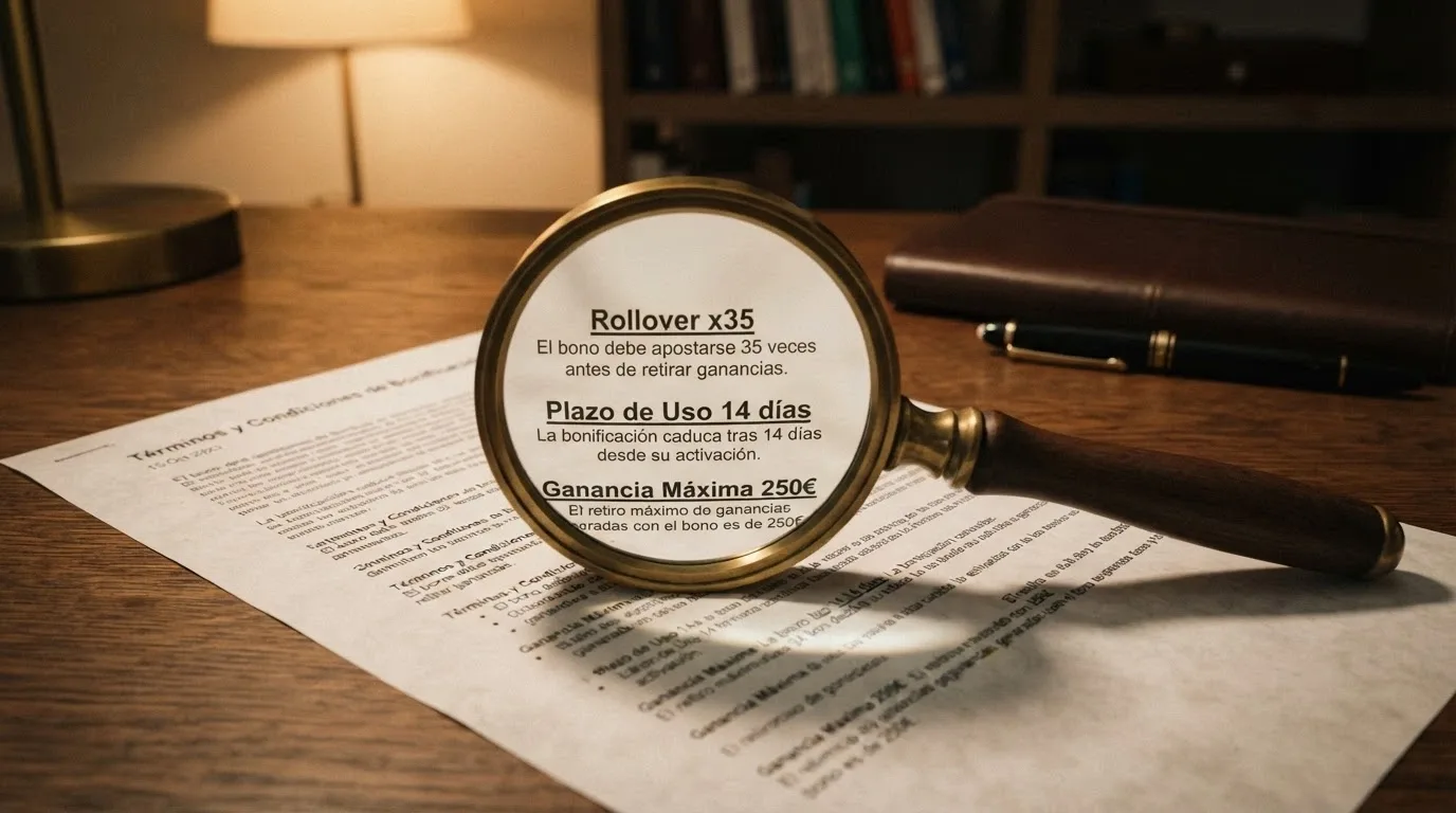 Una lupa sobre un documento de términos y condiciones de un bono de casino, con las cláusulas de rollover, plazo y ganancia máxima subrayadas