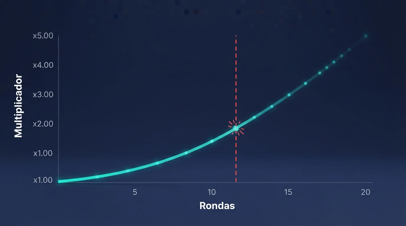 Gráfico de la curva de multiplicadores de Aviator con la línea de tendencia y el punto de crash marcado