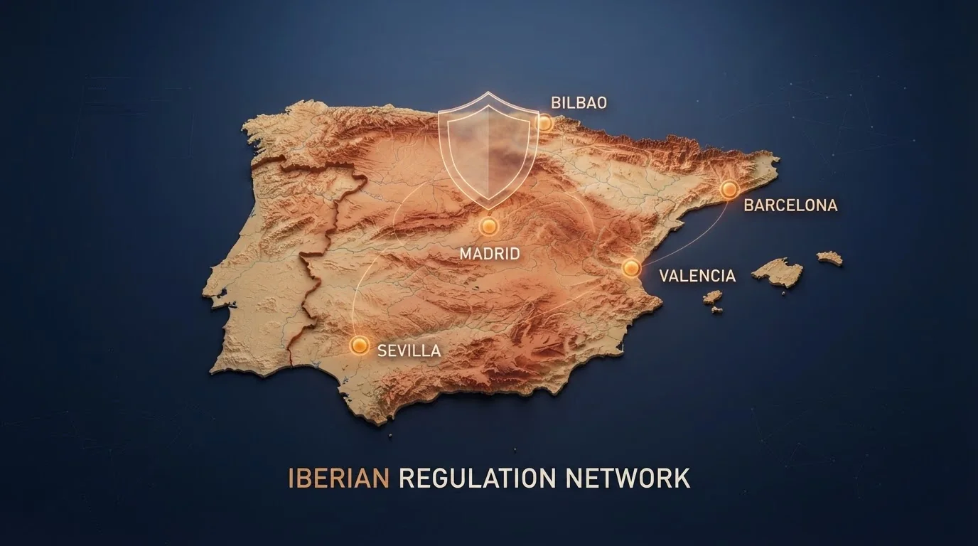 Mapa de España con iconos de casinos online y el logotipo de la DGOJ supervisando el conjunto