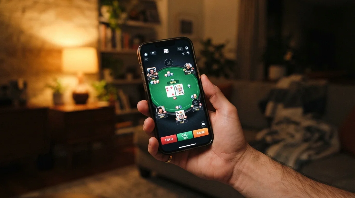 Interfaz de la app de poker de Casino Barcelona con varias mesas activas de cash game y un torneo en juego