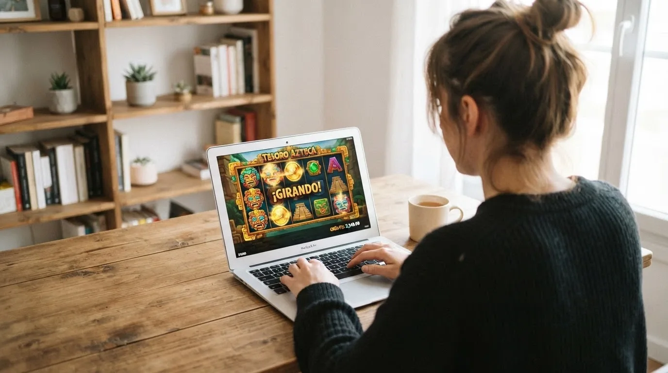 Un jugador usando el modo demo de una tragaperras Fire Blaze en un ordenador portátil, con la interfaz del juego y un saldo ficticio visible en pantalla.