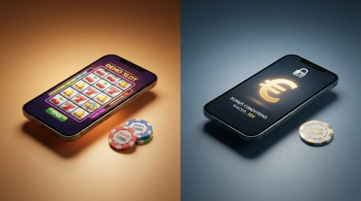 Comparación visual entre una pantalla de modo demo con fichas virtuales y una oferta de bono sin depósito con condiciones de apuesta