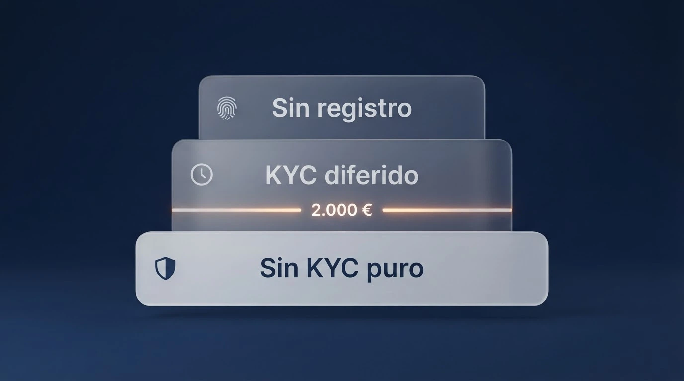 Diagrama de los tres niveles de anonimato: sin KYC puro, KYC diferido y sin registro, con el umbral de 2.000 € destacado