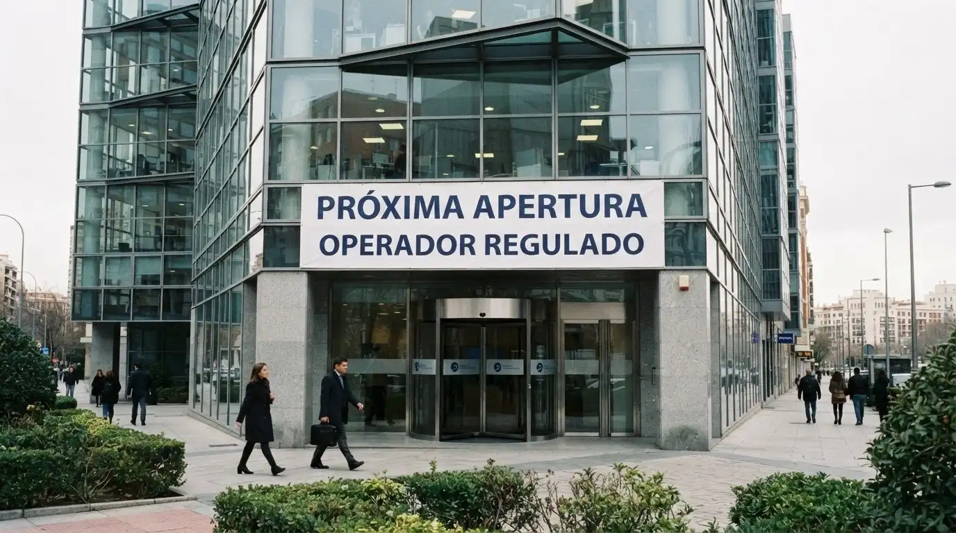 La fachada de un moderno edificio de oficinas con el cartel de «próxima apertura» y los logos de métodos de pago móvil en la puerta