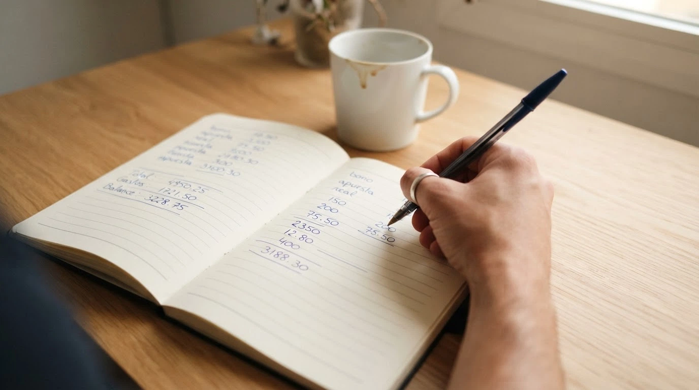 Primer plano de una calculadora sobre una mesa con una taza de café, junto a una libreta donde se anotan cifras de bono, requisito de apuesta y ganancia real