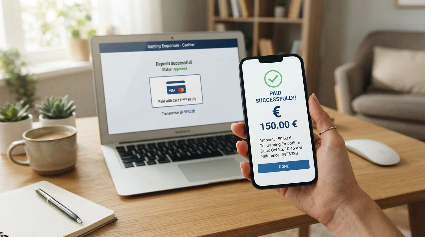 Primer plano de una mano sosteniendo un móvil con la pantalla de pago de CaixaBank Pay abierta, junto a un ordenador portátil con el cajero de un casino online