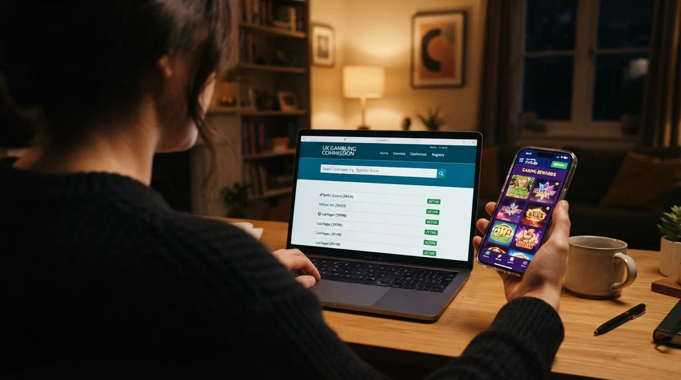 Un jugador consulta en su portátil el registro de operadores de la DGOJ mientras sostiene el móvil con la app de un casino online abierta