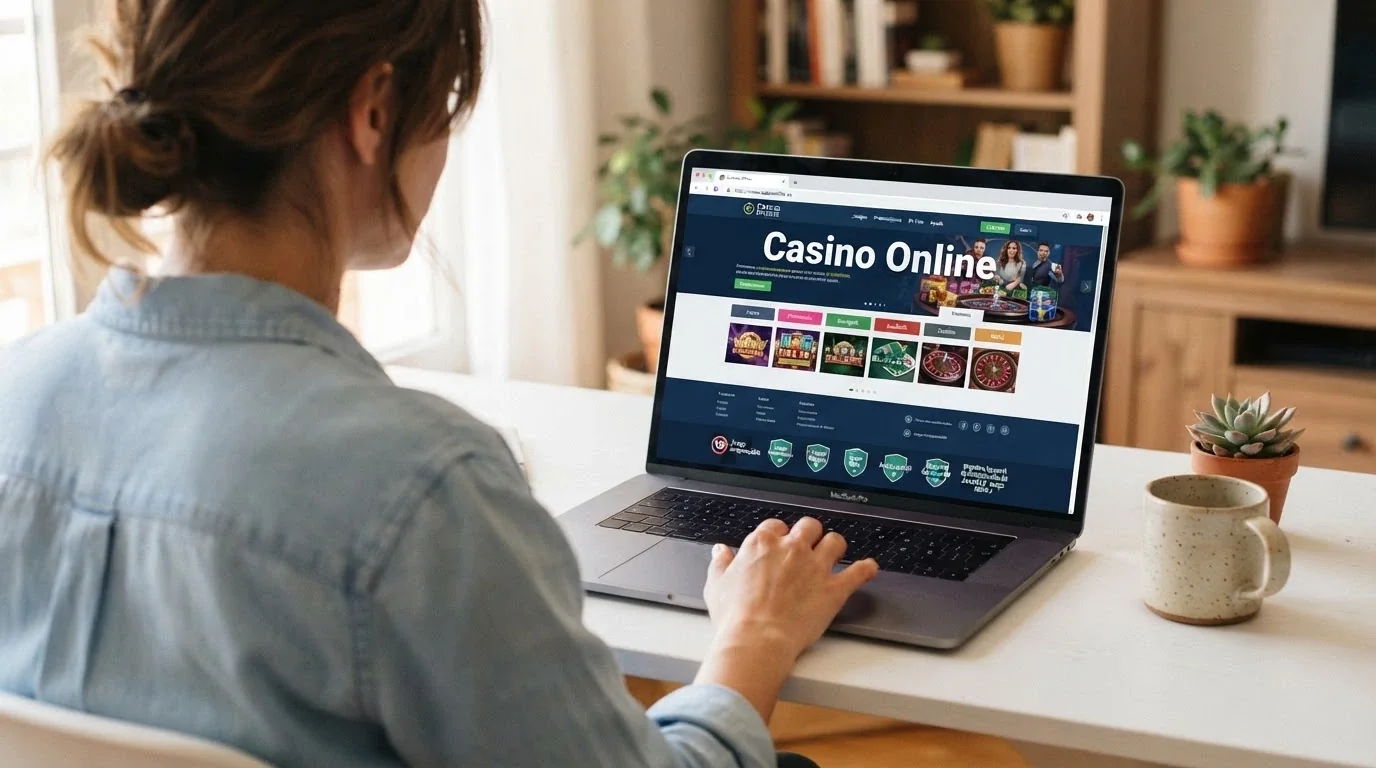 Pantalla de un casino online con el dominio .es visible en la barra de direcciones y los sellos de juego responsable en el pie