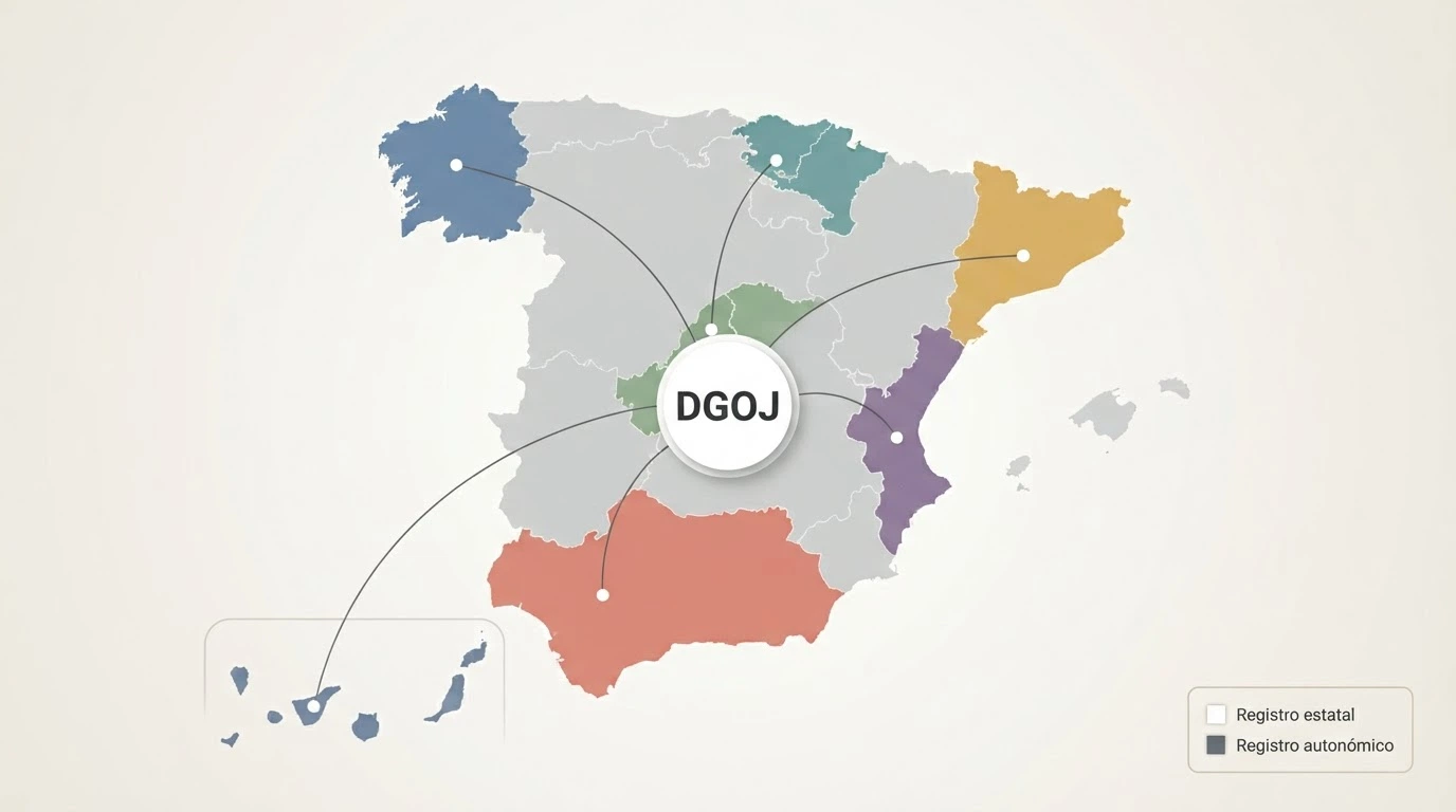 Un mapa de España con varias comunidades autónomas resaltadas en distinto color, y líneas que conectan cada una con el logotipo de la DGOJ en el centro