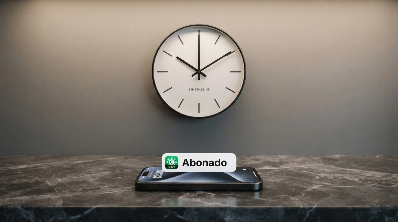 Reloj marcando las 24 horas junto a un móvil que muestra una notificación de abono bancario procedente de un casino online