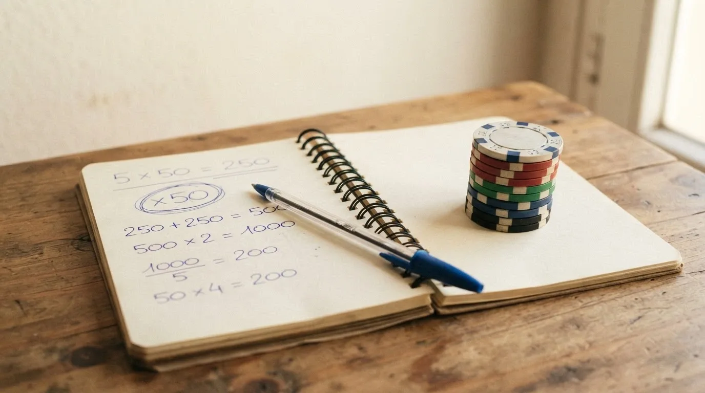 Una calculadora junto a una pila de fichas de casino: en la pantalla de la calculadora se lee «x50» y las fichas se van reduciendo en cada paso