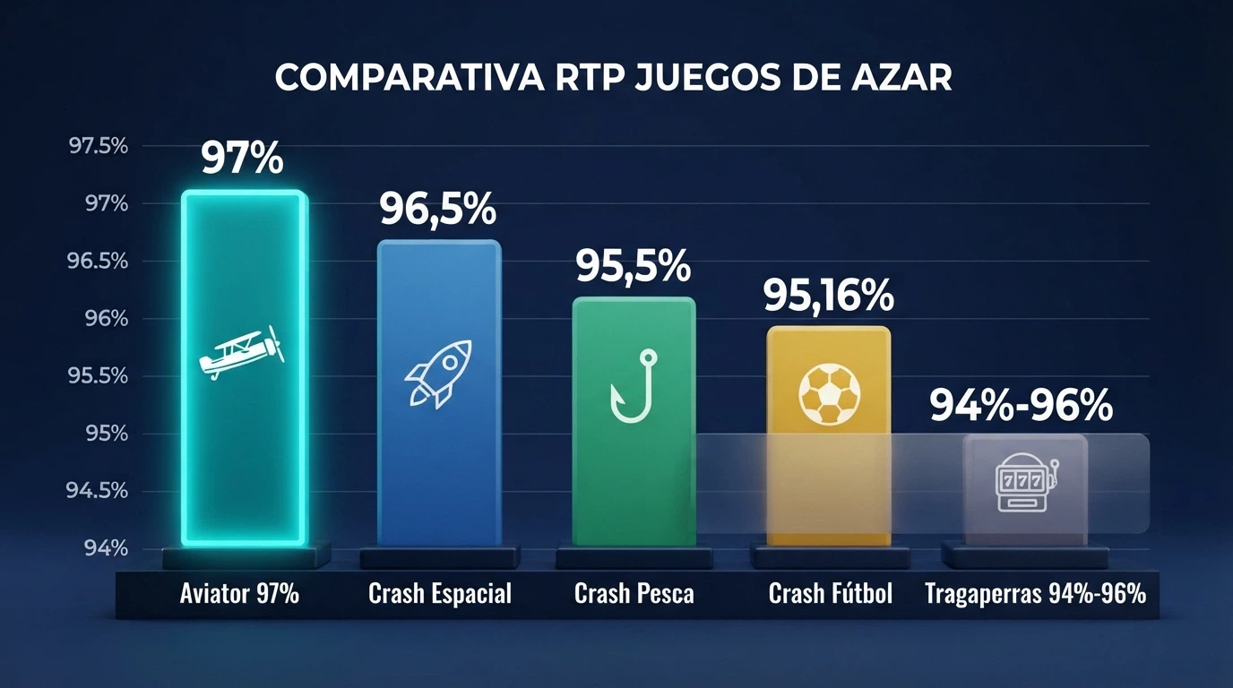 Gráfico de barras con el RTP de Aviator (97%) frente a Spaceman (96,5%), Big Bass Crash (95,5%), GOAL Crash (95,16%) y el rango de tragaperras estándar (94%-96%)