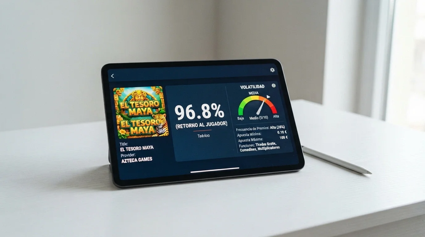Pantalla de ficha técnica de una slot online donde se lee el porcentaje de RTP junto al título del juego