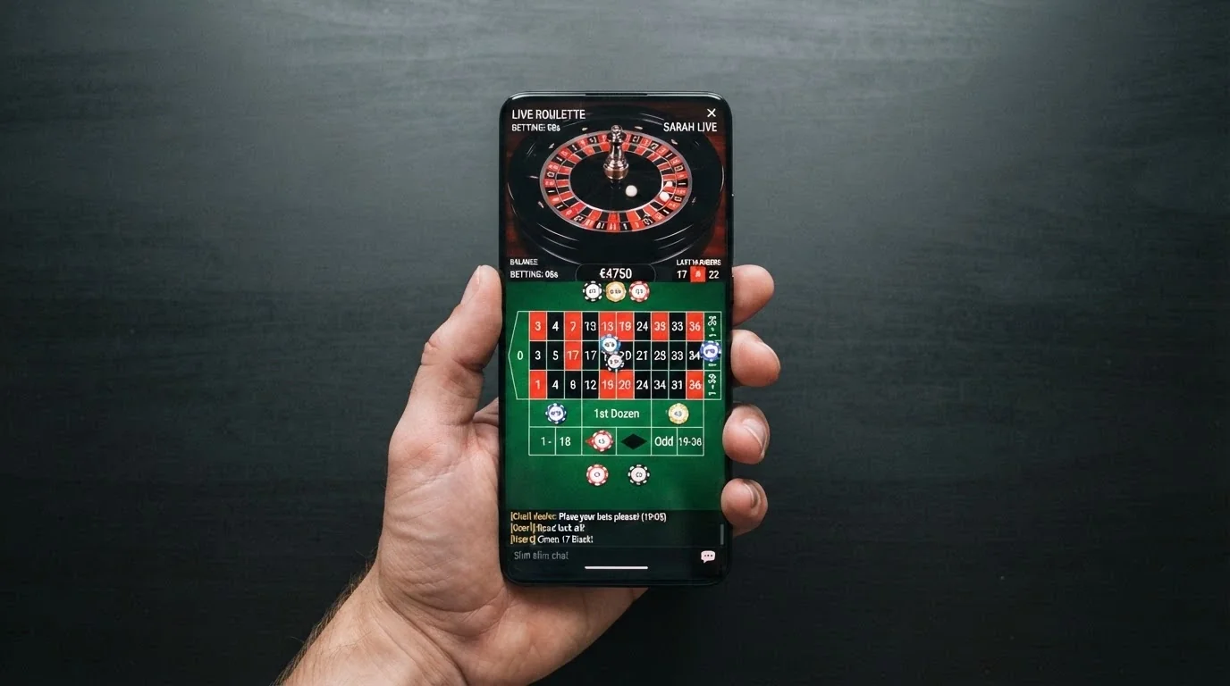 Mano sujetando un teléfono en vertical con una mesa de ruleta en vivo en pantalla completa; el tapete, las fichas y el chat del crupier son perfectamente legibles