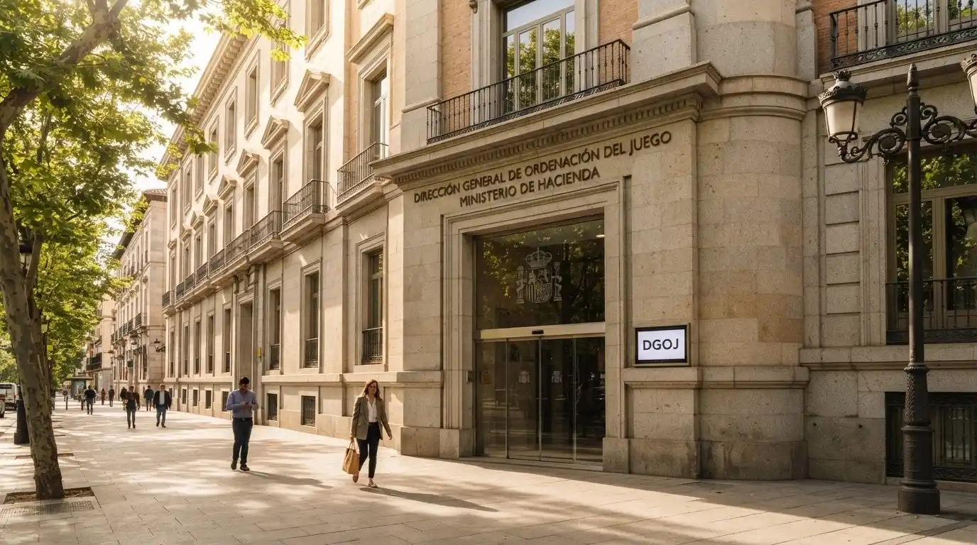 Edificio institucional del Ministerio de Derechos Sociales, Consumo y Agenda 2030 en Madrid, con el logotipo de la DGOJ visible en la fachada