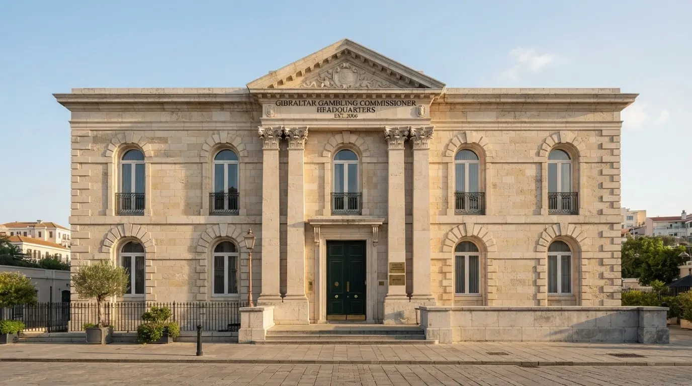 Fachada del edificio gubernamental de Gibraltar con el escudo oficial en la entrada