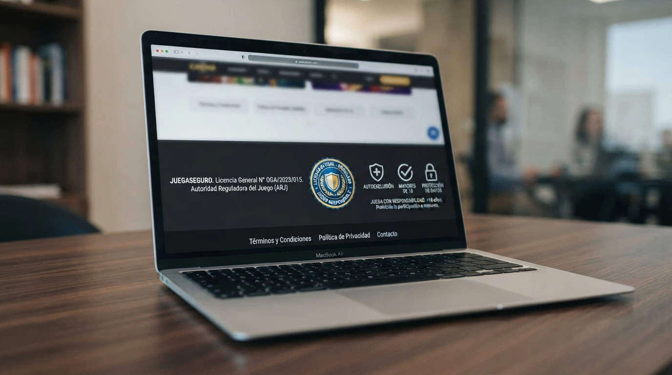Captura de pantalla del pie de un casino online con licencia DGOJ donde se ve el número de licencia, el dominio .es y los logos de juego responsable