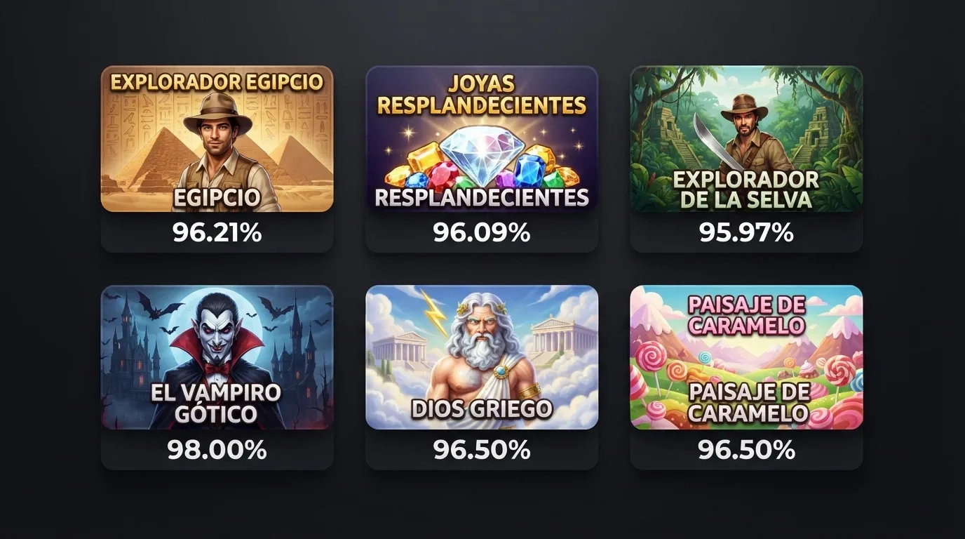 Una cuadrícula de seis carátulas de tragamonedas (Book of Dead, Starburst, Gonzo's Quest, Blood Suckers, Gates of Olympus, Sugar Rush) con su porcentaje de RTP sobreimpreso en cada una