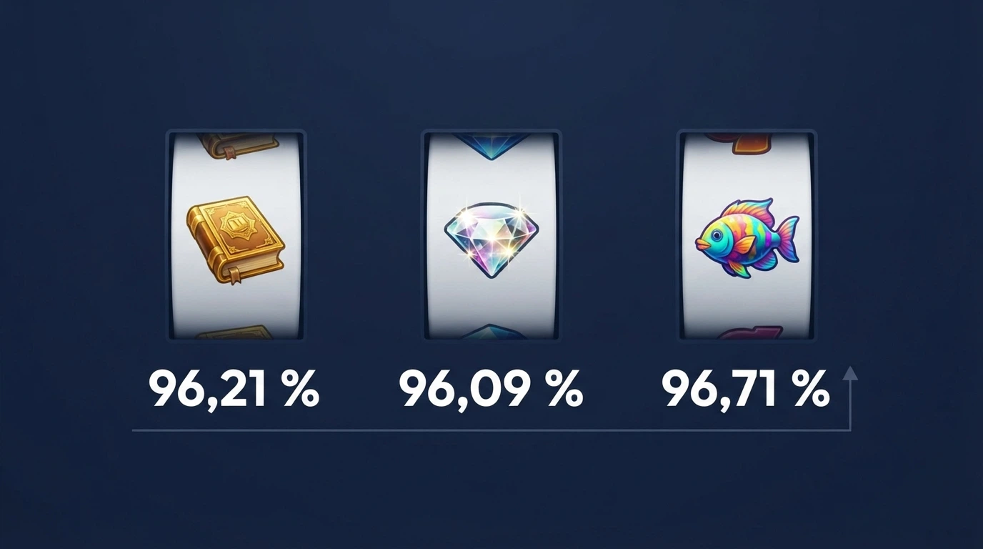 Tres slots de casino (Book of Dead, Big Bass Bonanza y Starburst) alineadas con sus porcentajes de RTP visibles