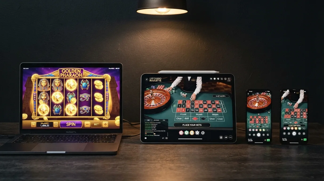 Composición de tres pantallas: una tragaperras online con rodillos girando, una ruleta en vivo con crupier real y un móvil mostrando la misma partida