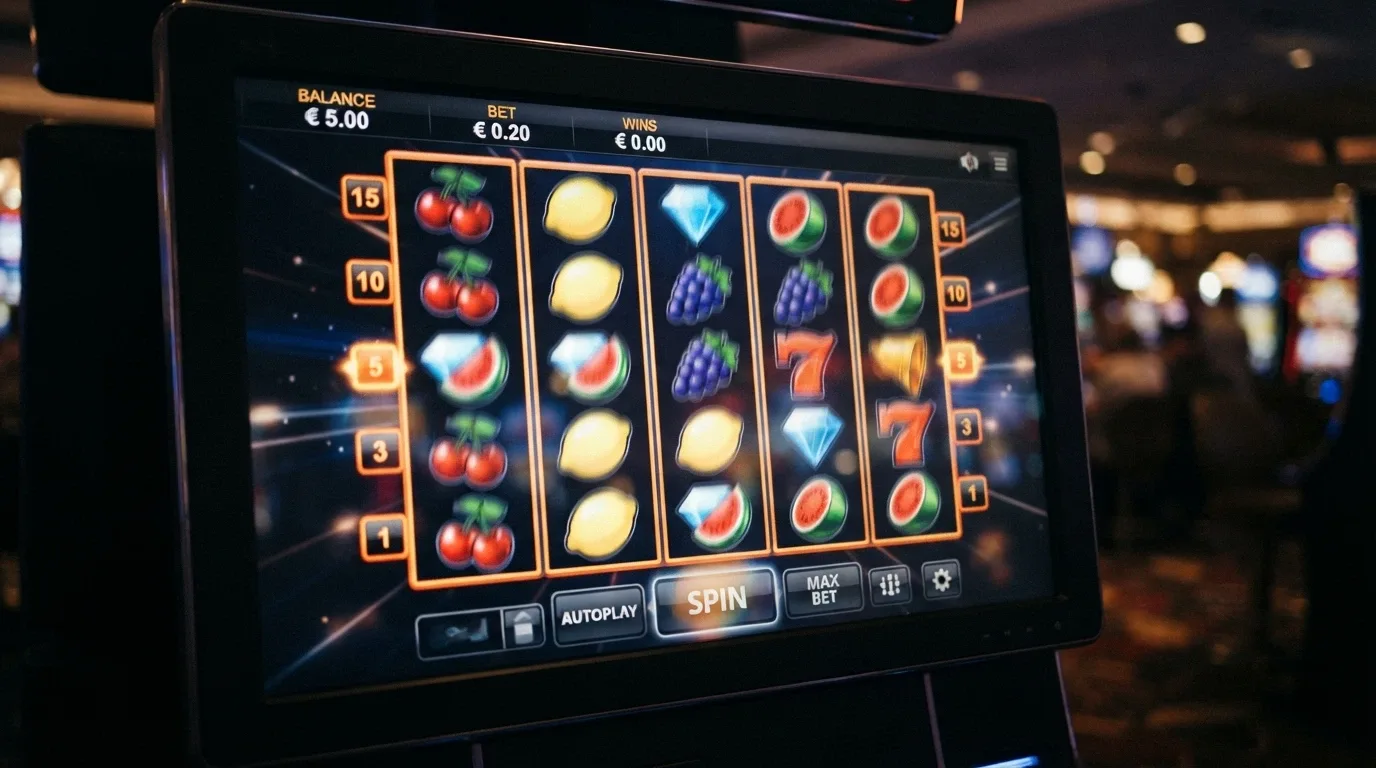 Interfaz de un slot online con el bono de 5 euros activo y los carretes en movimiento